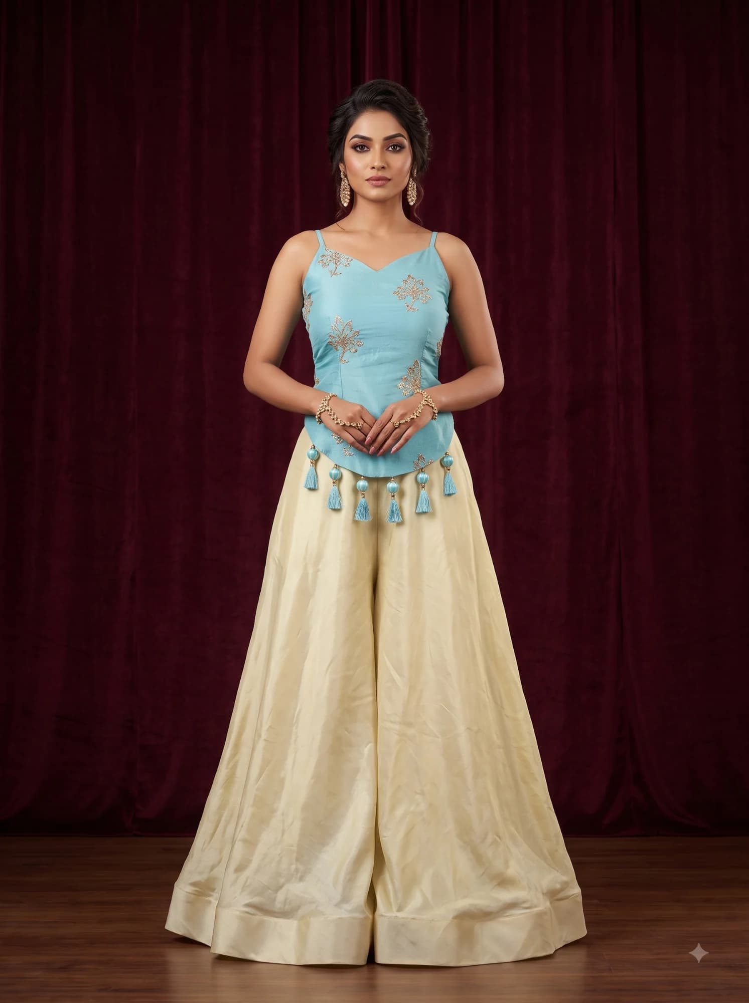 Sky Blue & Ivory Embroidered Palazzo Set